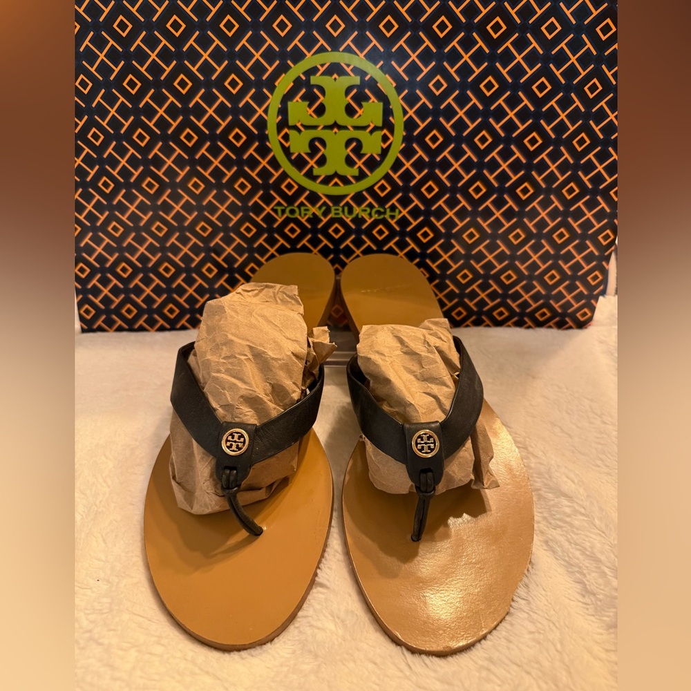 Tory Burch Marion Black Leather Thong Sandals Sz 8 1/2